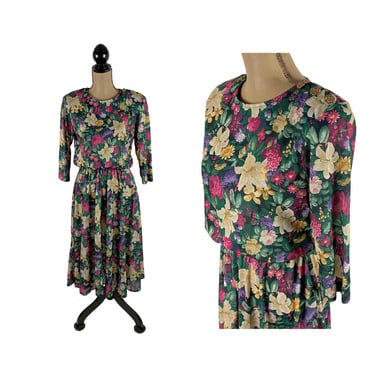 M 80s Floral Full Skirt Dress with Pockets, 3/4 Sleeve Jersey Shoulder Pads, 1980s Clothes Women, Vintage Clothing STUART ALAN Petite Medium 