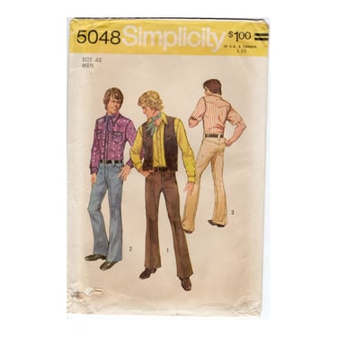 Vintage 1970s Simplicity Sewing Pattern 5048, Men's Western Shirt, Vest and Pants, Groovy 1972 Style, Large Size 48 