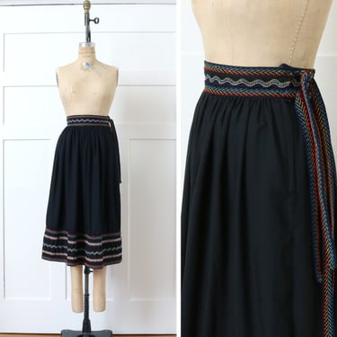 vintage 1970s boho black flared skirt • colorful ribbon trim gunne style midi skirt 