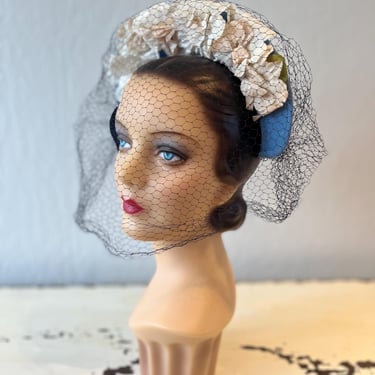 Up On High - Vintage 1940s Air Force Blue Crescent Halo Caplet Hat w/Florals & Veil 