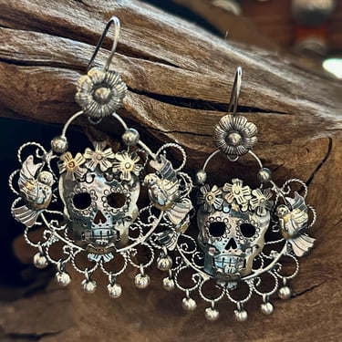 CALAVERA LOVEBIRDS Mexican Sterling Silver Filigree Dangle Earrings | Twisted Wire Detail Earrings | Skulls, Birds, Flowers | Made in Mexico 