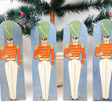 4 Vintage Toy Soldiers Paper Lithograph on Wood,  Christmas Wooden Stand Up Toys,  Holiday Decor 
