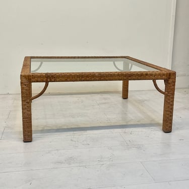 Wrapped Rattan Square Cocktail / Coffee Table with Glass Top - Vintage 
