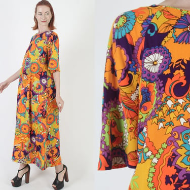 Royal Hawaiian Bright Neon Psychedelic Print Dress, Vintage 60s Hawaii Tiki Party Sundress, Long Designer Trippy Caftan 