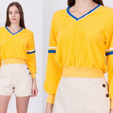 70s 80s Yellow Striped Terrycloth Cropped Sweatshirt - Medium | Vintage Long Sleeve Slouchy Crop Top Pullover 