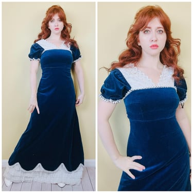 1960s Vintage Couriers Edwardian Blue Velvet Maxi / 60s / Sixties Eyelet Lace Scalloped Edwardian Gown / Small 