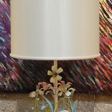 Mid-Century Modern Italian Tole Flower Metal & Alabaster Table Lamp 