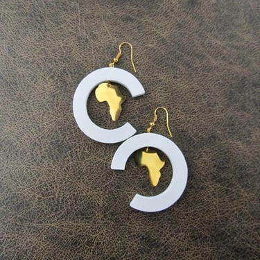 Large Africa earrings, gold and white wood earrings, bold statement earrings, Afrocentric earrings, huge earrings, pride earrings 