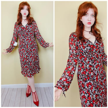 Y2K Vintage Red Floral Rayon Bias Cut Dress / 90s Tie Sleeve Long Sleeve Grunge Dress / Size Large - XL 