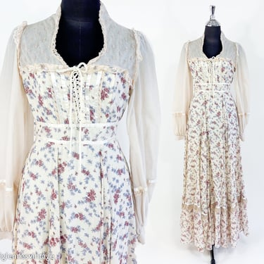 Gunne Sax | 1970s Creme & Pink Flower Maxi Dress | 70s White Floral Peasant Dress | Gunne Sax  by Jessica | X Small 