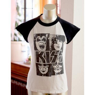 Vintage Kiss Band Tee - Black and White Graphic Raglan Shirt 