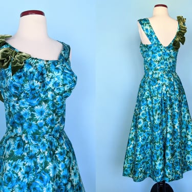 Vintage 1950s Blue Floral Silk Dress with Velvet Bows, 1950s Evening Party Dress 