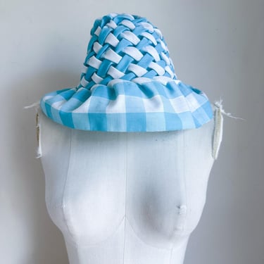 Vintage 1960s - 70s Blue Gingham Quilted Woven Sun Hat 