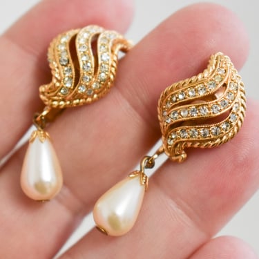 1960s Rhinestone and Faux Pearl Drop Clip Earrings 