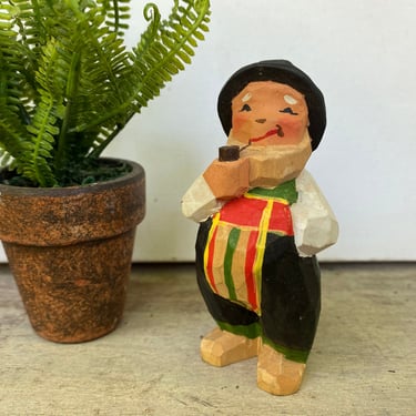 Vintage Carved Wood Man By Henning, Handmade In Norway, Old Man With Hat Smoking Pipe, Hand Painted, Small Wooden Man Figure 