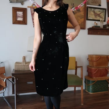 Vintage 50's Velvet Black Sparkle Rhinestone Detail Metal Zipper Dress 