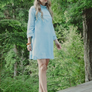 60's Babydoll Blue Cotton Voile + Crochet 60s Mod Dress 