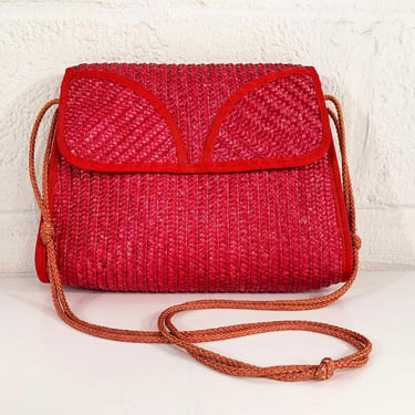 Vintage Straw Crossbody Bag Woven Bright Pink Straw Beach Jute Boho Weave Purse Handbag Express Hong Kong 1980s 1990s 