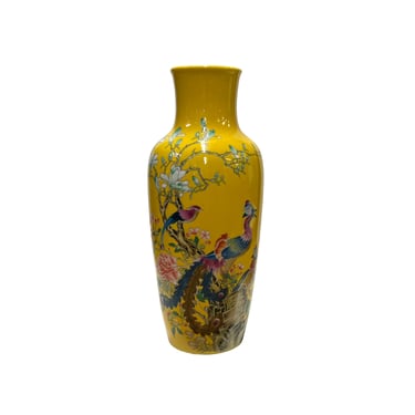 Chinese Oriental Bright Yellow Porcelain Flower Birds Graphic Vase ws2848E 