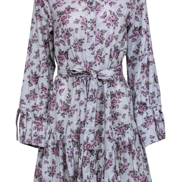 La Vie Rebecca Taylor - Grey & Purple Floral Print Bell Sleeve Shirtdress Sz M