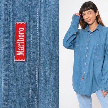 Marlboro Denim Shirt 90s Jean Shirt Cigarettes Oversized Blue 1990s Long Sleeve Button Up Promo Shirt Vintage Men's Large L 