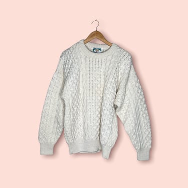 Vintage White Aran Irish Cable Knit Hand Knit Fisherman Wool Sweater 