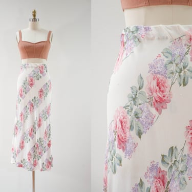 cute cottagecore skirt | 90s y2k vintage white pink purple romantic rose floral chiffon bias cut long maxi skirt 