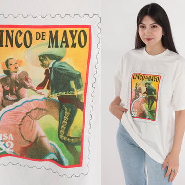 Cinco De Mayo Shirt 90s USPS Stamp T-Shirt Mexican Holiday Graphic Tee Mexico Post Office TShirt Screen Print Retro White Vintage 1990s XL 