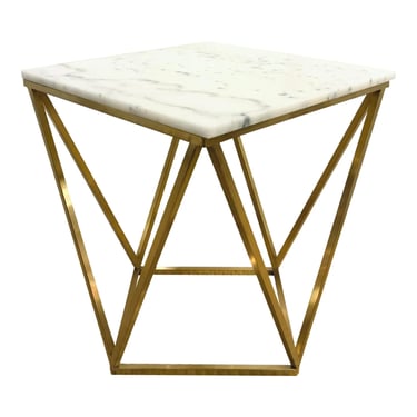 Modern Geometric Carrara Marble and Brass Finished Side Table