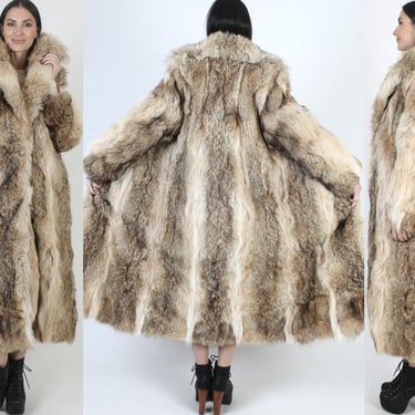 Full Length Coyote Fur Coat, Real Fox Fur Jacket, Vintage Shawl Collar, Chubby Long Overcoat 