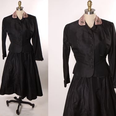 Early 1950s Black Wrap Look Hip Sash Long Sleeve Formal Dress with Matching Long Sleeve Pink Rhinestone and Beaded Collar Two Piece Outfit 