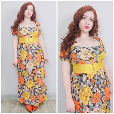 1970s Vintage Orange and Yellow Flower Power Dress / 70s / Seventies Empire Waist Balcony Bust Maxi Gown  / Medium - Large 