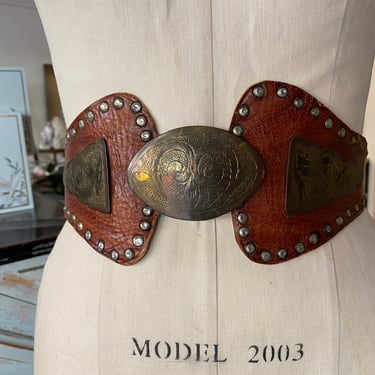 1980s belt, studded leather, vintage belt, statement, Morrocan, cinch belt, chunky, etched metal, brass and silver, wide, medium, large 