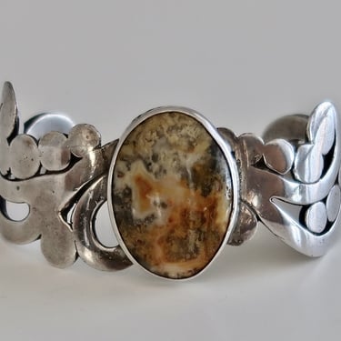 Vintage Mexican Pre-Columbian Crazy Lace Agate Sterling Cuff, Mid-Century Artisan Asymmetric Geometric Silver Cuff 