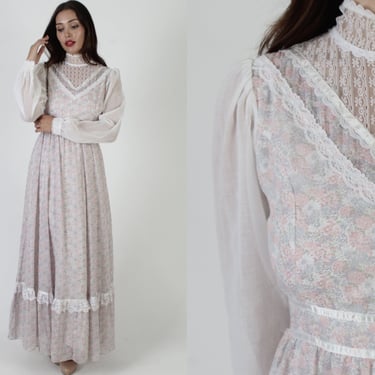 Victorian Gunne Sax Dusty Rose Calico Floral Print Boho Wedding Dress Size 13 