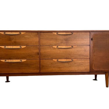 Free Shipping Within Continental US - Vintage Mid Century Modern Solid Walnut Dresser with Six Drawers and a cabinet Brass Hardware by Lane 