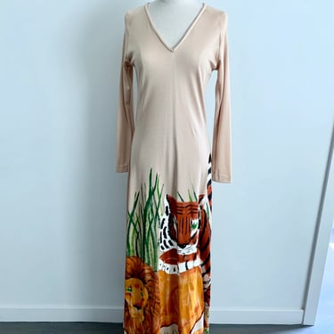 Mimosa Tree 1970s hand painted jungle scene v neck maxi dress size L 