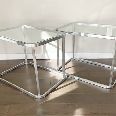 pair of vintage chrome & glass side tables