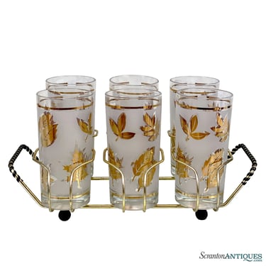Mid-Century Golden Foliage Frosted Glass 7-Piece Barware Drinking Set w/ Caddy