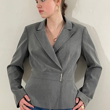 Y2K Calvin Klein pinstripe cropped blazer / vintage gray pinstripe cropped nipped waist peplum capsule wardrobe minimalist blazer | Medium 