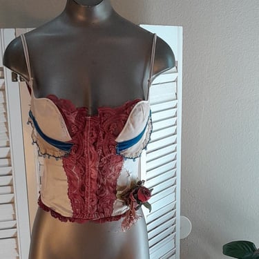 Vintage Upcycled Lady Marlene Bustier / Corset in Cerise and Blue / B Cup 