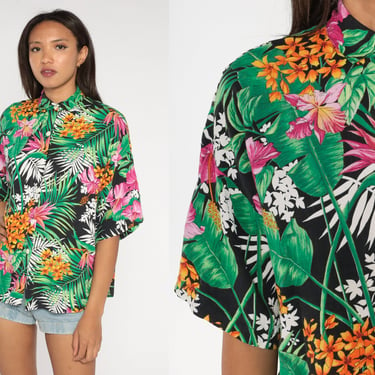 Tropical Floral Blouse 90s Button Up Shirt Green Botanical Jungle Rayon Shirt Summer Short Sleeve Top 1990s Vintage Black Oversize Large L 