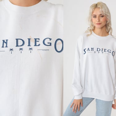 San Diego Sweatshirt 90s Distressed Paint Splatter Palm Tree California Shirt Retro Tourist Top Graphic Tee White Vintage 1990s Hanes Large 