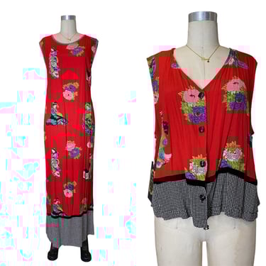 vintage 1990s F L Malik asian inspired shift dress with vest xl red novelty geisha 