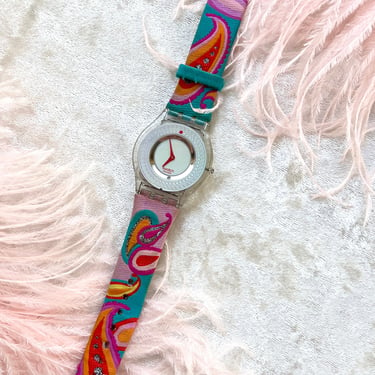 Vintage 2000s Wrist Watch | Y2K SWATCH WATCH Paisley Embroidered Woven Fabric Psychedelic 1960s 60s Style Bracelet 