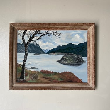 1960's J. Gundersen Winter Lake Landscape Oil Painting, Framed 