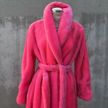 Vintage 1960s 1970s Hot Pink Faux Fur Robe Coat Dress Matching Belt Psychedelic