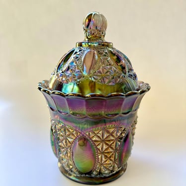 Imperial Carnival Glass Biscuit Jar / Candy Dish / Iridescent Carnival Glass /Iridescent Blue Glass Candy Jar with Lid / Free US Shipping 