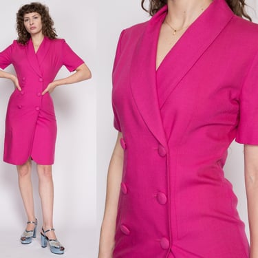 Small 80s Hot Pink Mini Suit Dress | Vintage Collared Double Breasted Short Sleeve Dress 