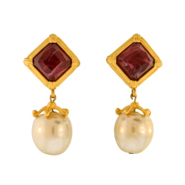 Karl Lagerfeld Vintage Brushed Gold Marbled Red Glass Dangling Pearl Earrings